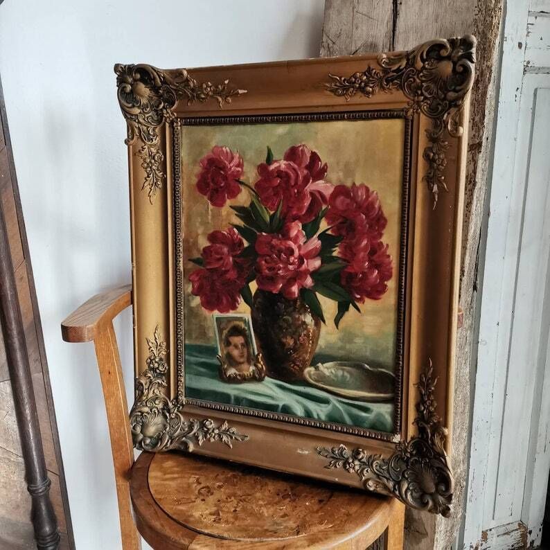 Painting Beautiful Vivid Art Of Flowers In Vase Signed Acrylic On Canvas 1950. Shabby Gold Rocco Frame Rustic Very Decorative Professional