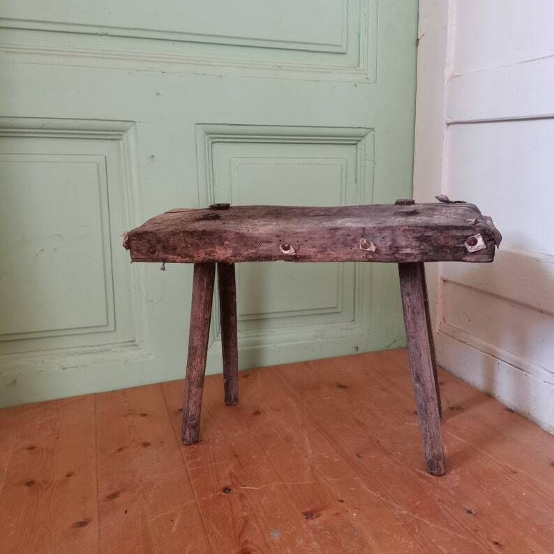 Traditional Vintage Central European Elm Wooden Milking Stool Or Step C1930s Table, Primitive Hand Made Antique Milk Seat. Gnarly Patina
