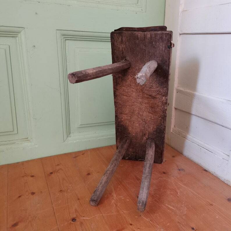 Traditional Vintage Central European Elm Wooden Milking Stool Or Step C1930s Table, Primitive Hand Made Antique Milk Seat. Gnarly Patina photo vinterior