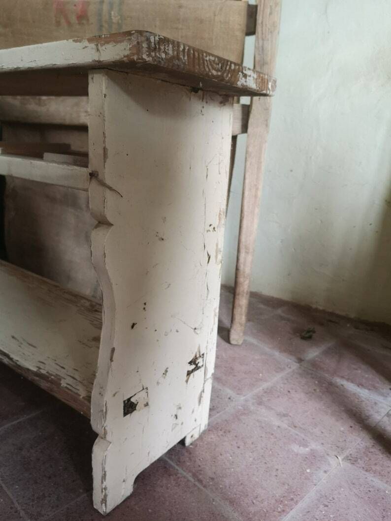 Vintage Shabby White Chippy Rustic Wooden Display Shelf, Little Shelving Console, Antique Water Shelf From Homestead Hungary 1920s photo 103.0