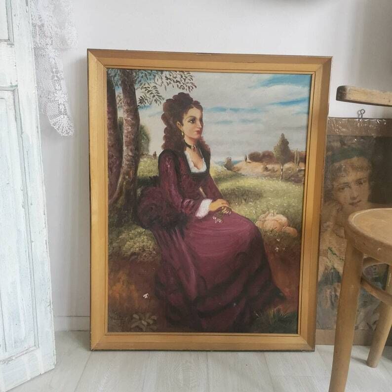 Painting Beautiful Soft Art Of Lady In Violet In Field Of Flowers. Acrylic On Canvas Portrait C1940s Copy Of Pal Szinyei Merse