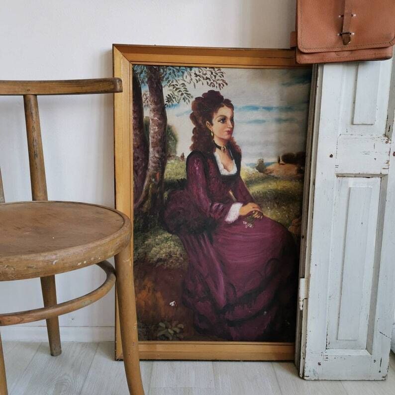 Painting Beautiful Soft Art Of Lady In Violet In Field Of Flowers. Acrylic On Canvas Portrait C1940s Copy Of Pal Szinyei Merse photo buy
