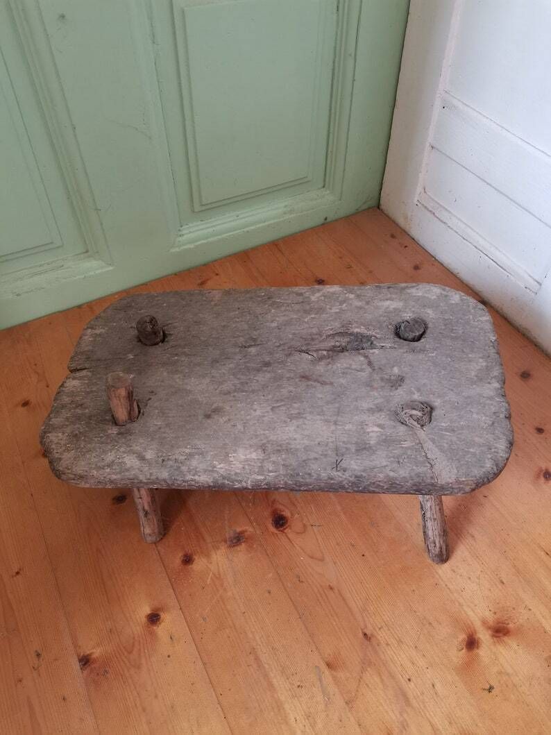 Old Primitive Hand Made Antique Milk Seat. Gnarly Patina Wooden Milking Stool Or Step, Traditional Vintage Central European Oak C1890 Table photo for sale