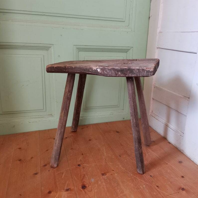 Primitive Handmade Antique Milk Seat, Gnarly Patina Wooden Milking Stool Or Step,Traditional Vintage Central European Oak C1890 Table photo for sale