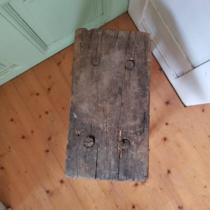Primitive Handmade Antique Milk Seat, Gnarly Patina Wooden Milking Stool Or Step,Traditional Vintage Central European Oak C1890 Table photo 99.0