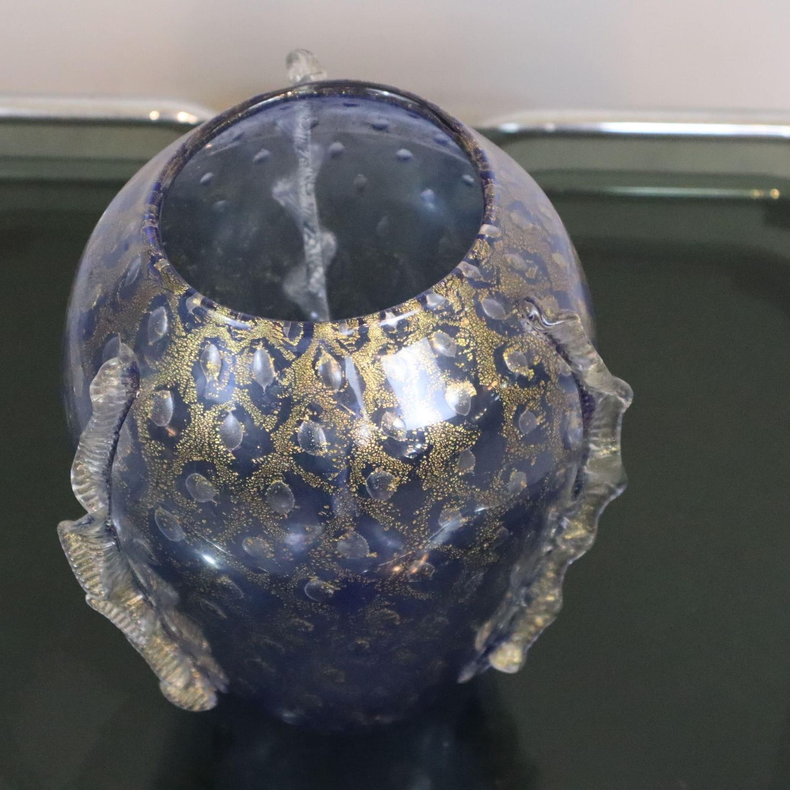 Vintage Blue Gold Italian Murano Glass Vase, 1980s photo furniture