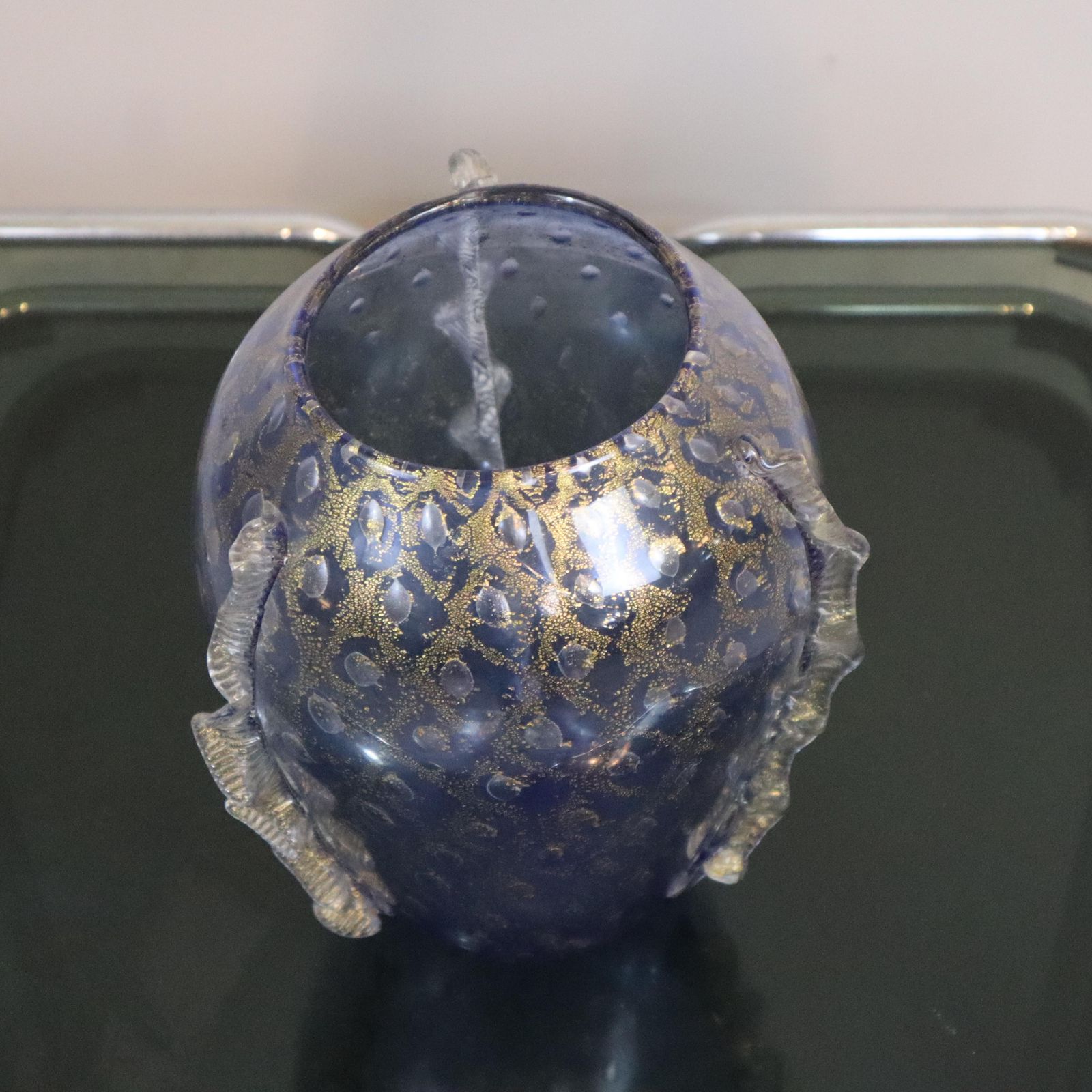 Vintage Blue Gold Italian Murano Glass Vase, 1980s photo buy