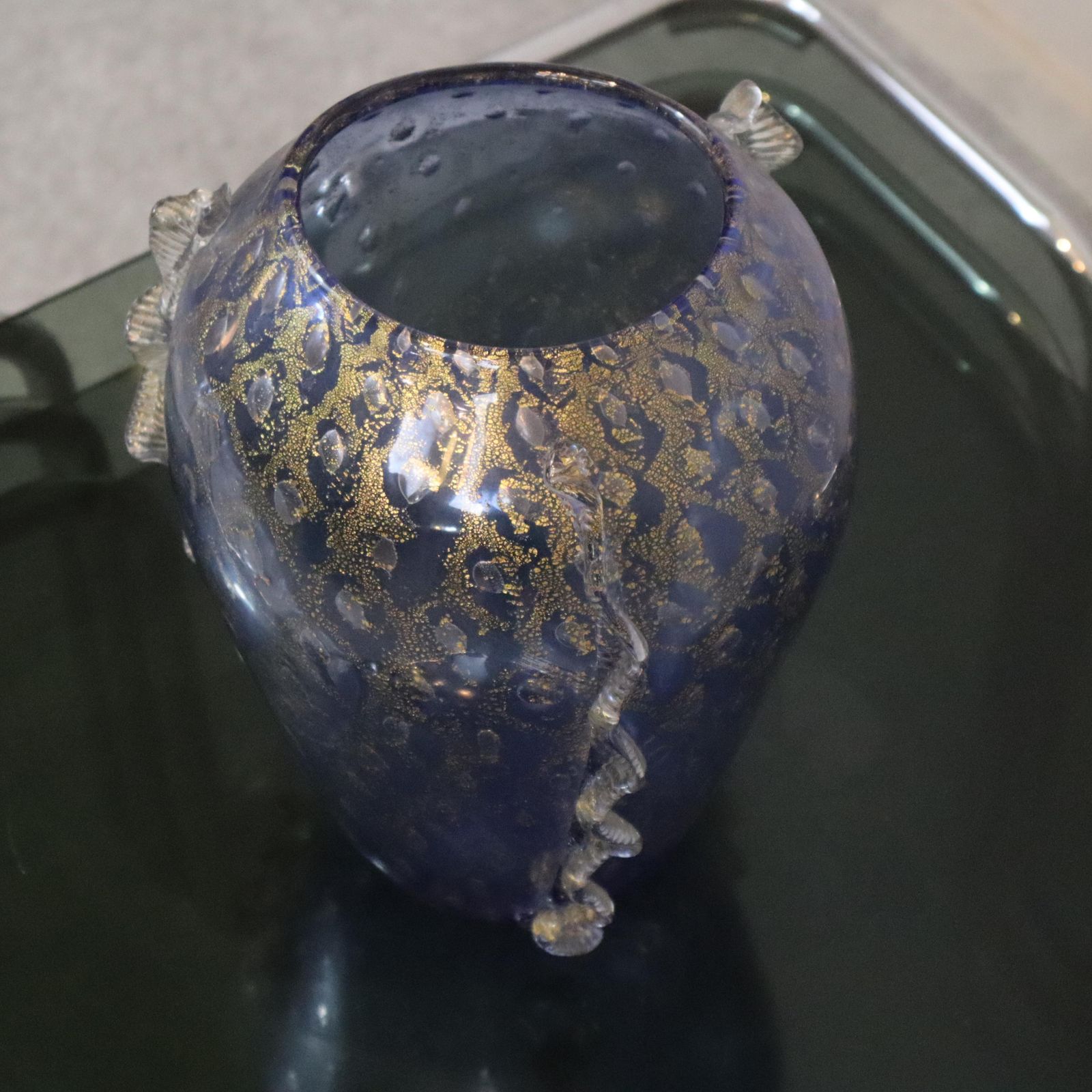 photo furniture Vintage Blue Gold Italian Murano Glass Vase, 1980s