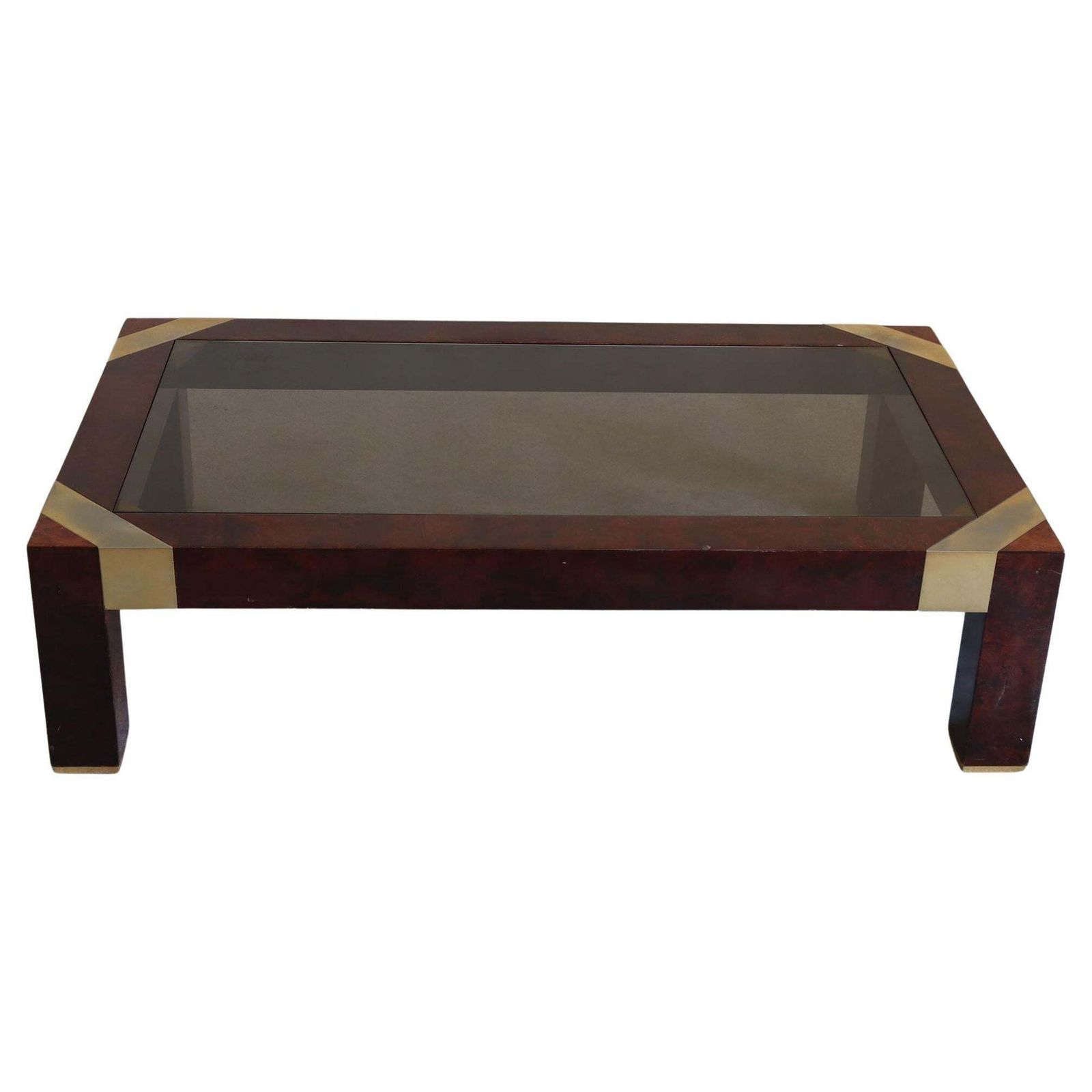 Mid Modern Century Briarwood And Brass Coffee Table By Jean Claude Mahey, 1970s