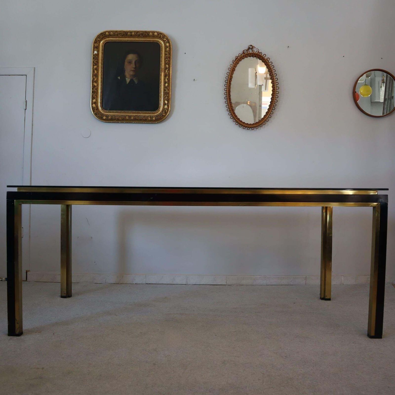 photo for sale Italian Desk Writing Table Glass Top Metal Brass Structure By Romeo Rega 1970