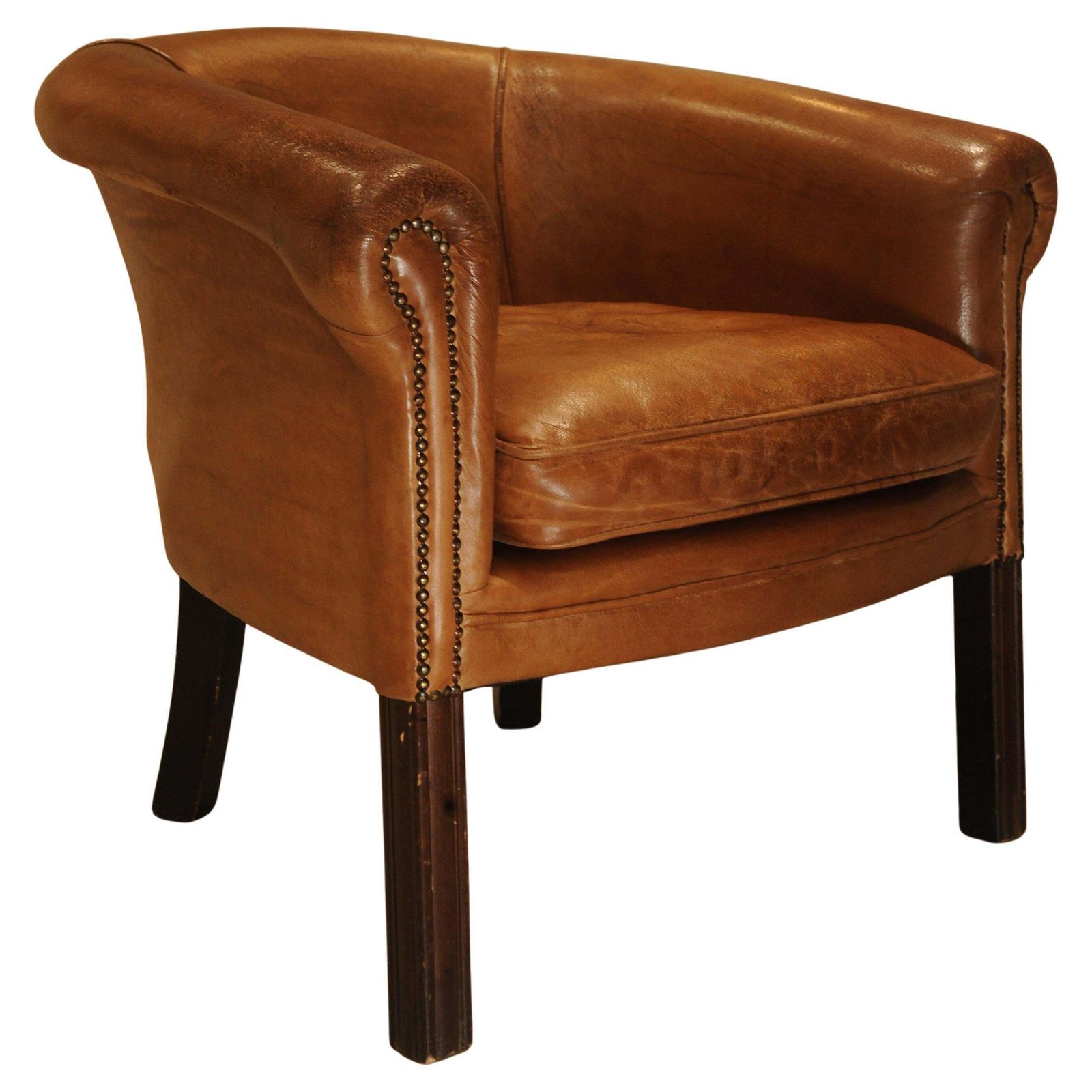 An Art Deco Design Dark Tan Leather Tub Chair With Piping Finishing Brass Tacks Beech Squared Legs British Made Ol photo 1190.0