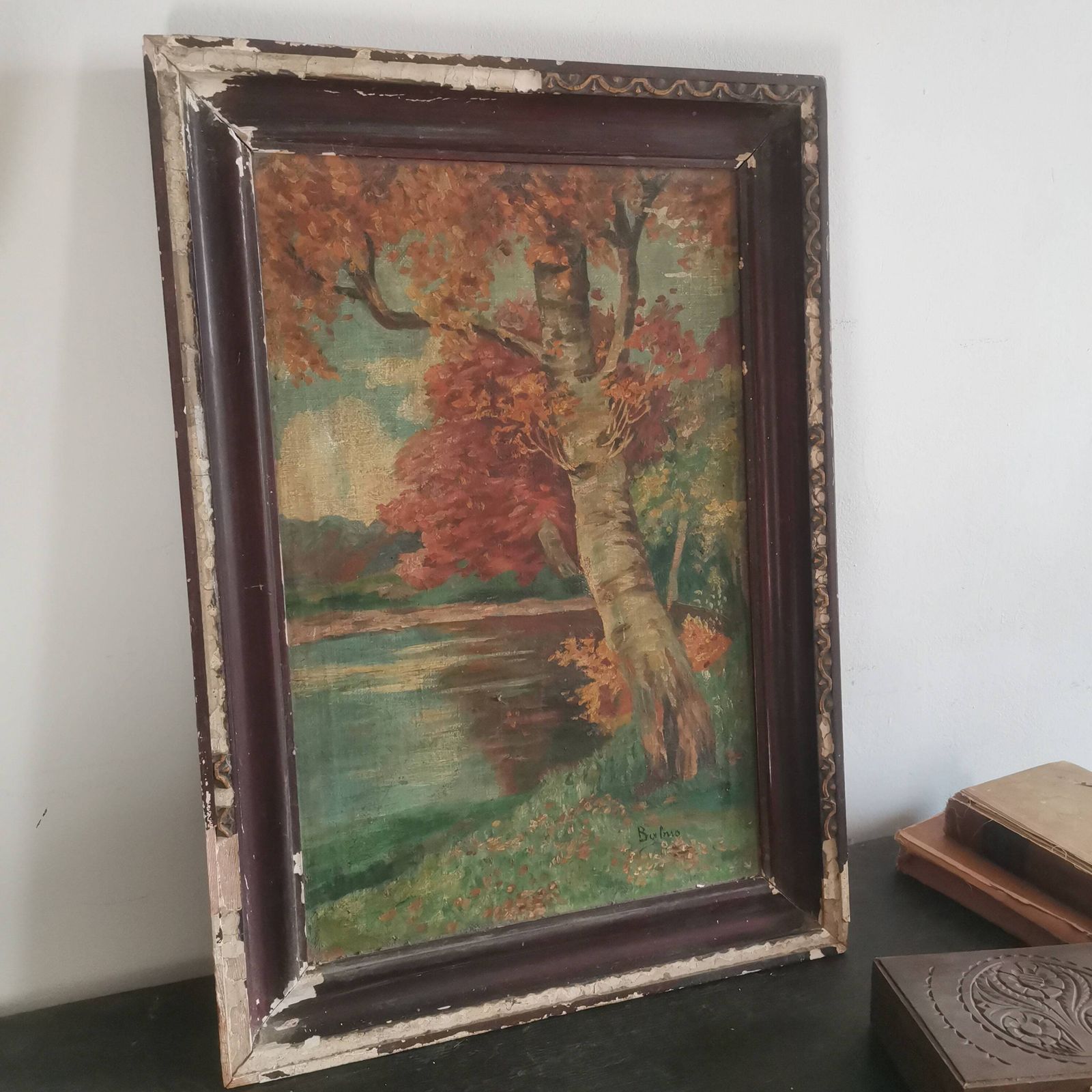 Captivating Antique Painting: Hungarian Artist, Nature's Autumn Splendor, Chippy Frame   A Timeless Masterpiece" photo buy