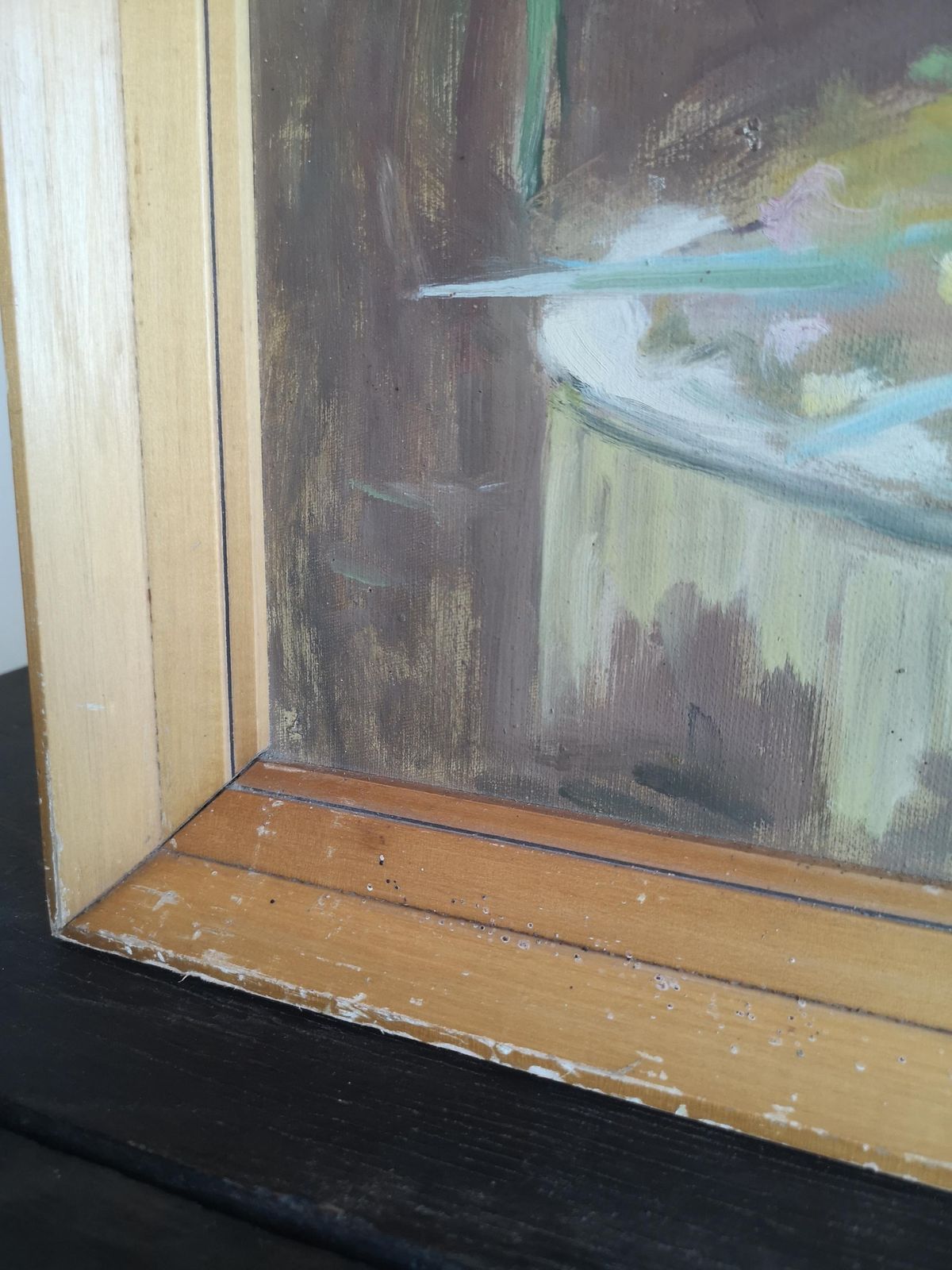 Res Painting Beautiful Soft Art Of Violet Flowers In Vase Signed Acrylic On Paper 1950. Shabby Gold Frame Rustic photo Art