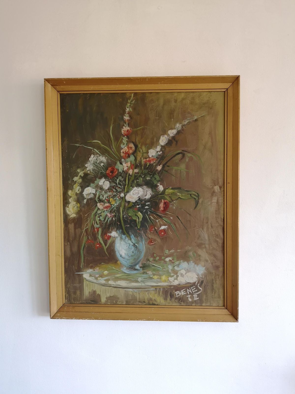 Res Painting Beautiful Soft Art Of Violet Flowers In Vase Signed Acrylic On Paper 1950. Shabby Gold Frame Rustic photo 84.0