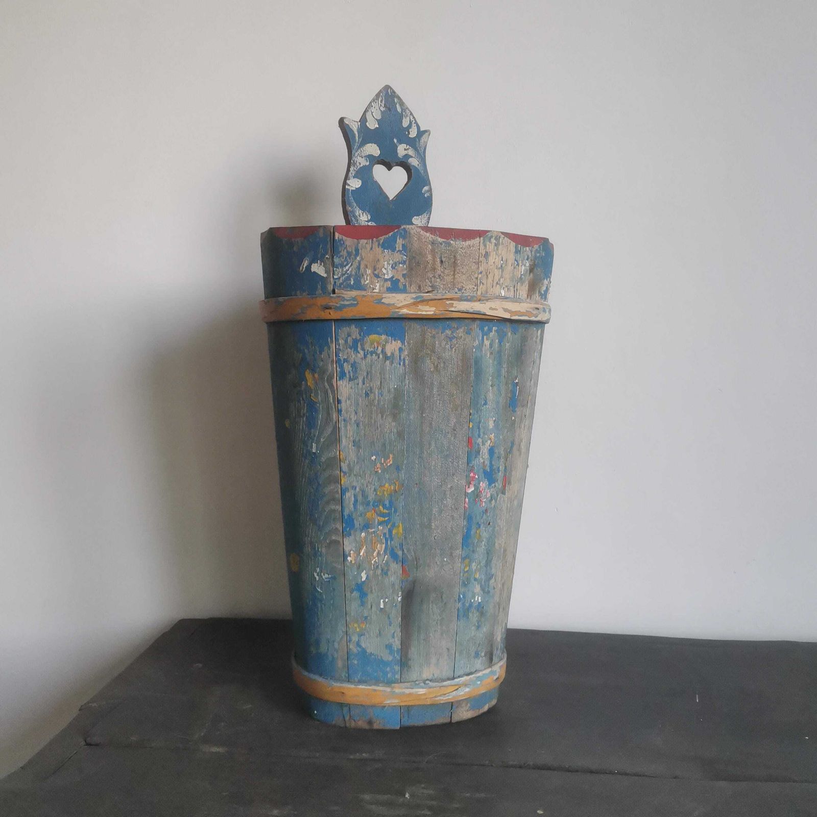 Antique French Rustic Umbrella Wooden Bucket. Hand Painted Water Well Pot. Hand Crafted C1940s Rare And Unique.