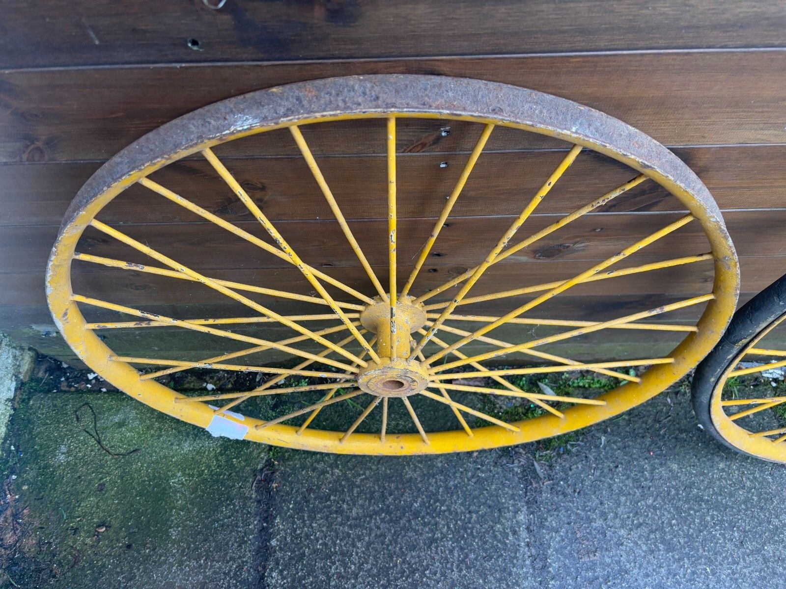 Pair Of Large Antique Yellow Metal Spoked Cartwheels With Vulcanised Tyres photo Garden Decor