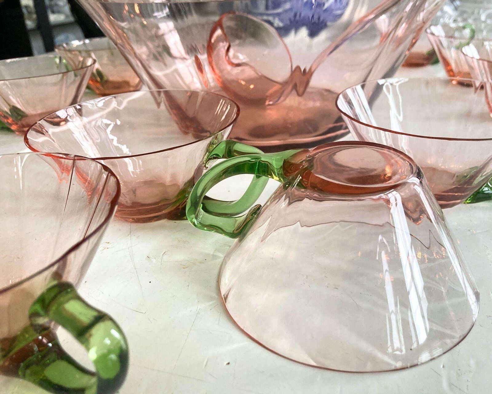Kristallen Punchbowlset Met Bekers | 11 Delig | Roze En Groen | Frans photo vinterior