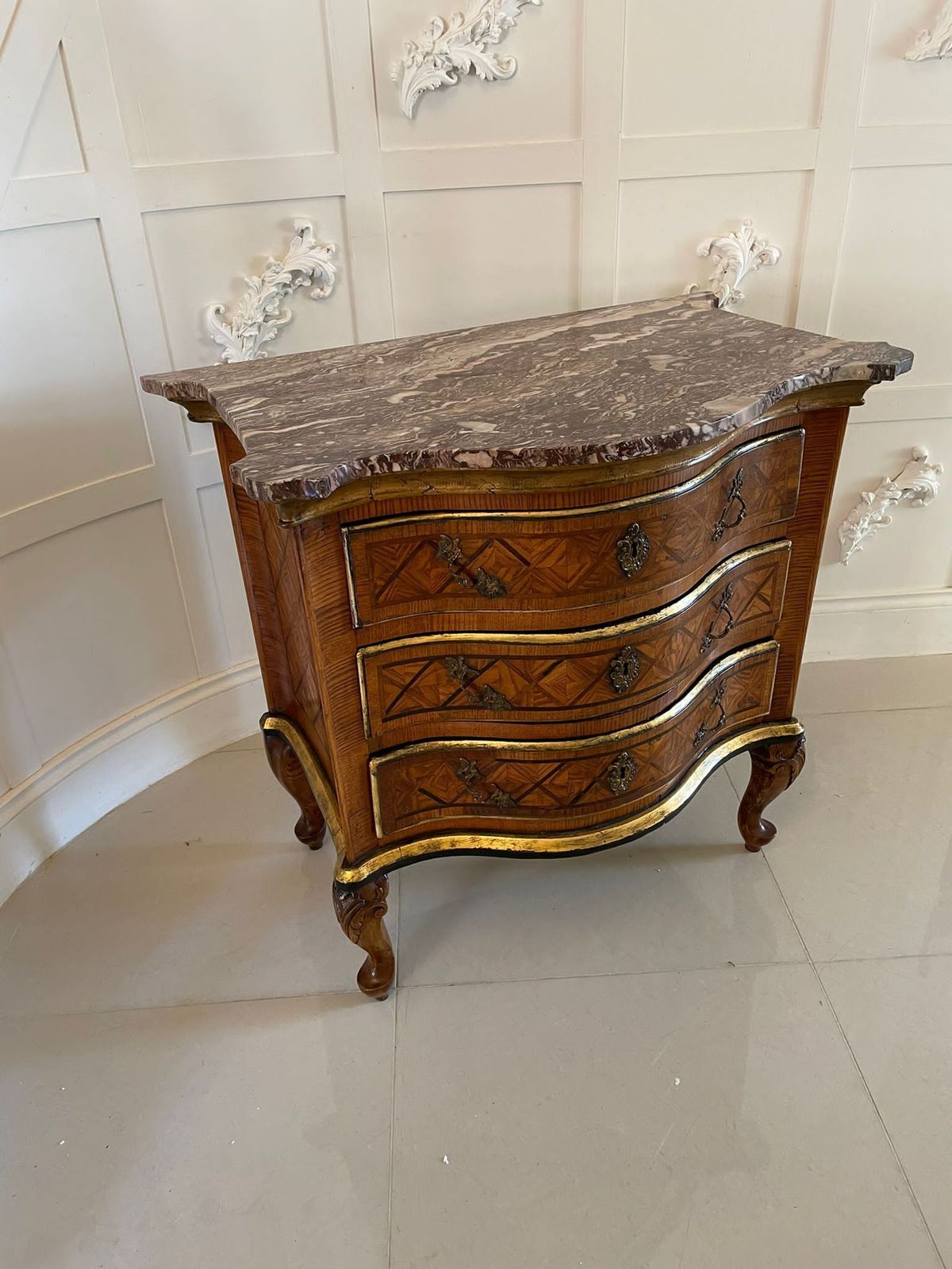 Antique 18th Century Quality Parquetry Inlaid Serpentine Shaped Marble Top Commode Chest