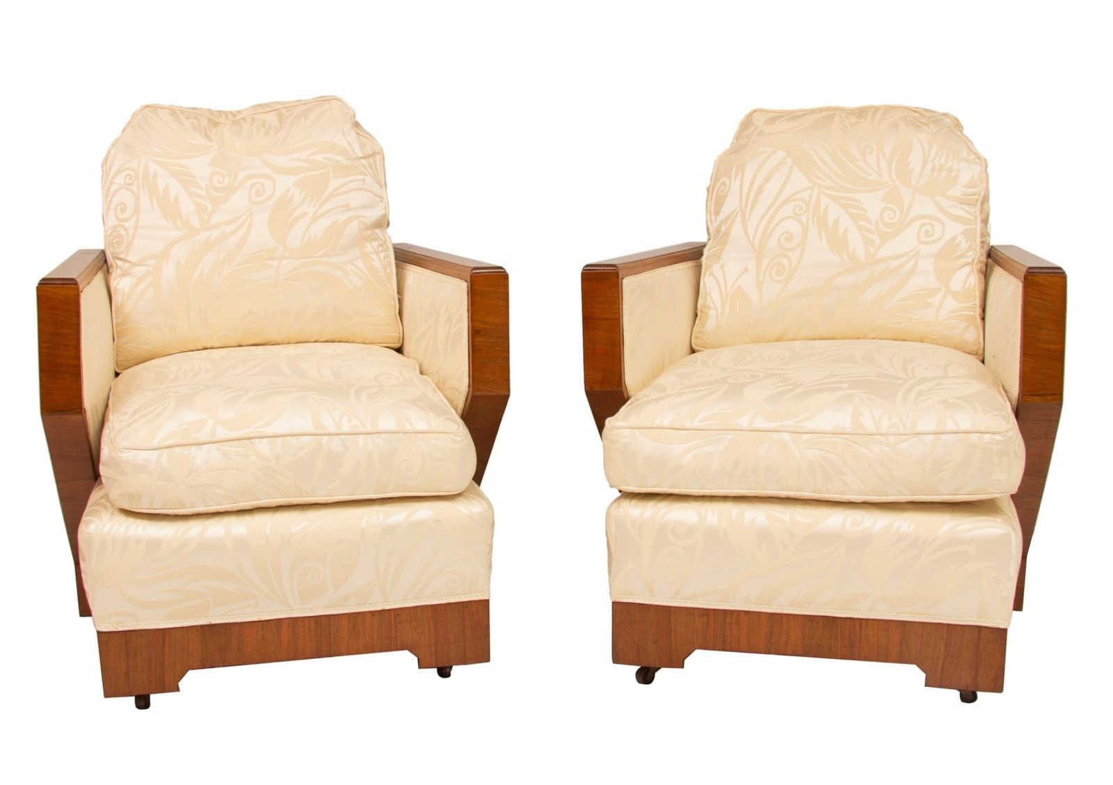 Art Deco Lounge Chairs Upholstered In Eggshell Damask Fabric C.1930