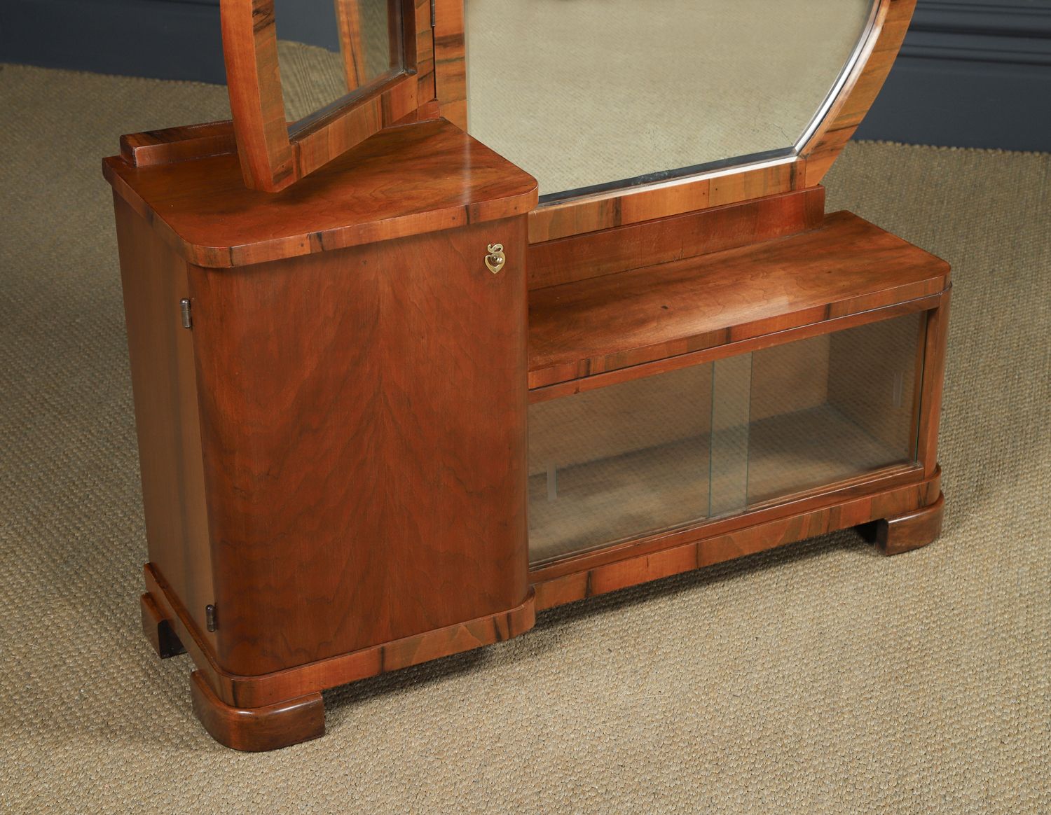 photo buy Continental Art Deco Walnut Pedestal Dressing / Vanity Table With Mirrors (Circa 1930)
