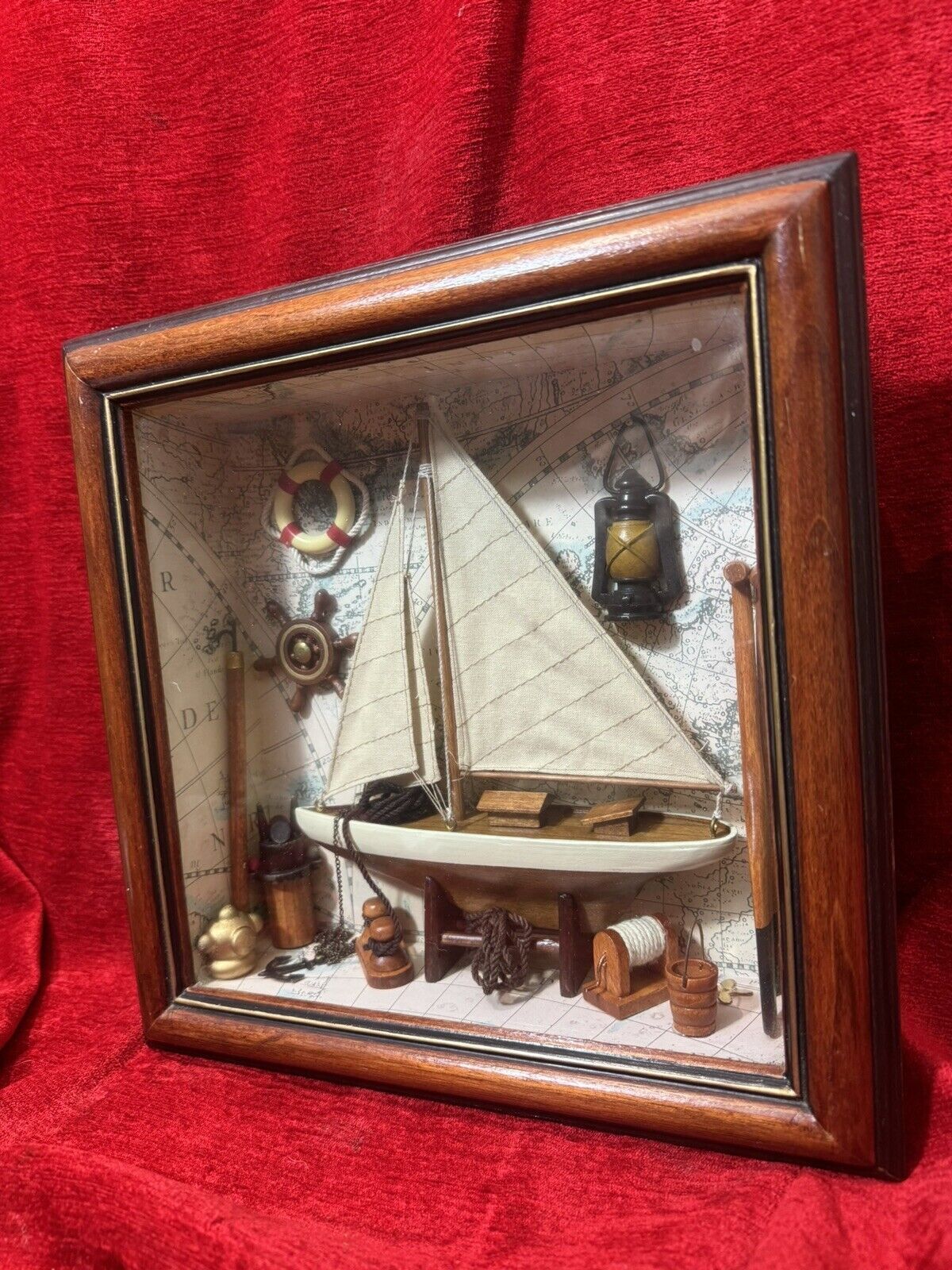 Charming Vintage Sailing Boat Marine Diorama In Case C.1980 photo Art