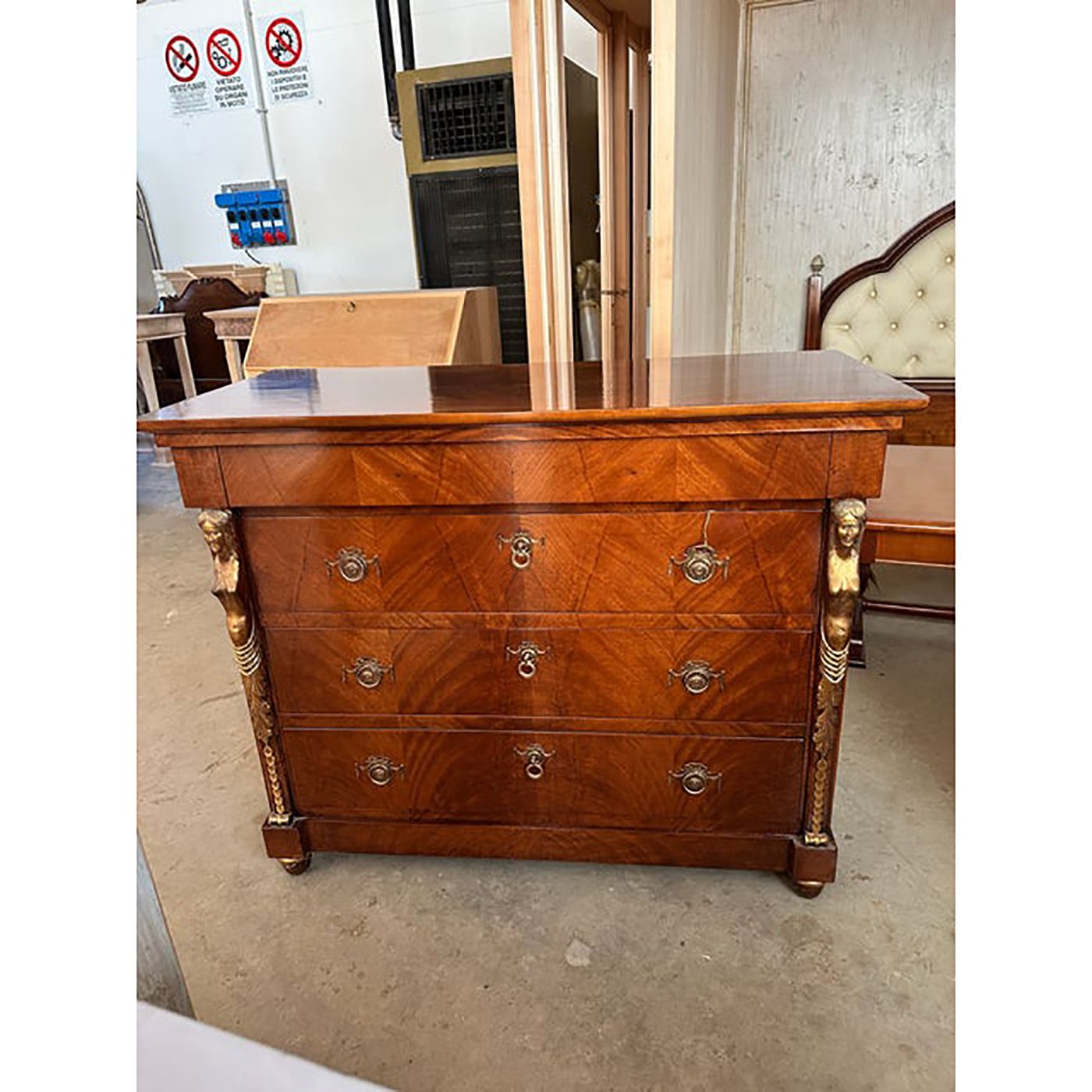 1990s Italian Set Of 3 Chest Of Drawers And Two Bedside Tables With Gold Caryatids photo vinterior