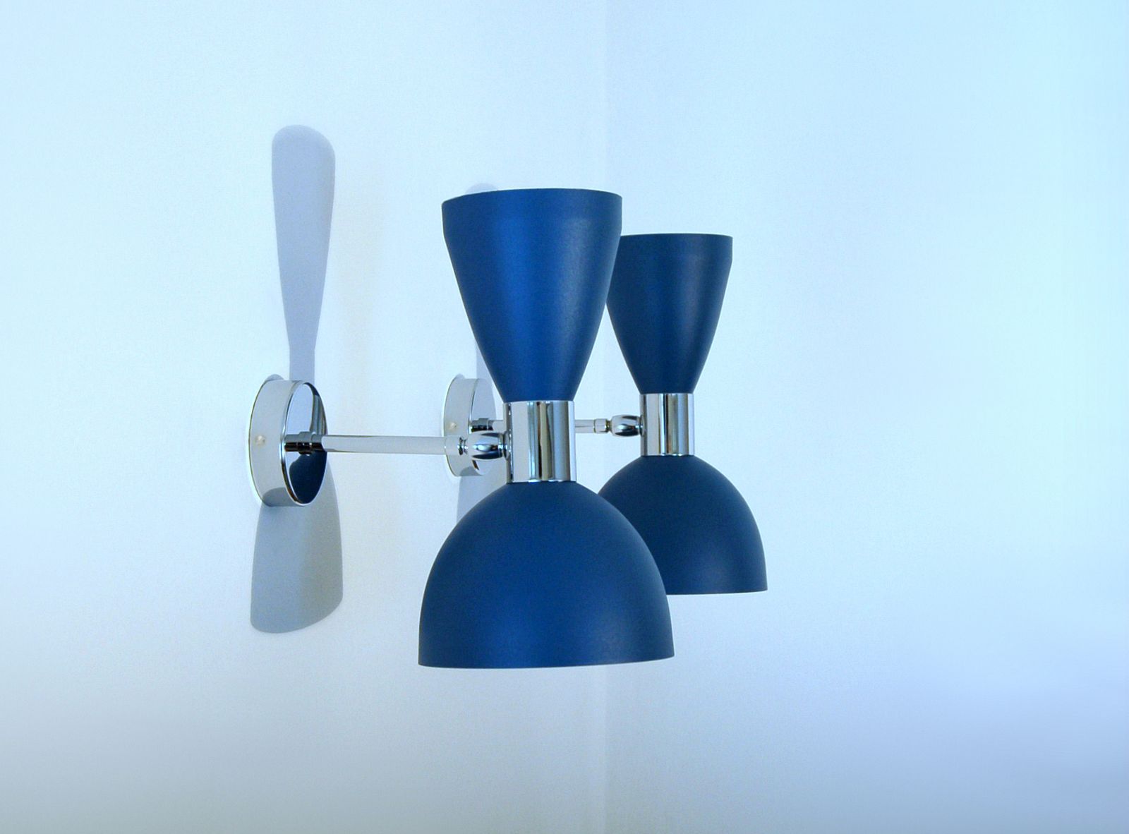Pair Of Wall Lamp Art. A 124 Metal And Chromed Brass / Blue Opaque