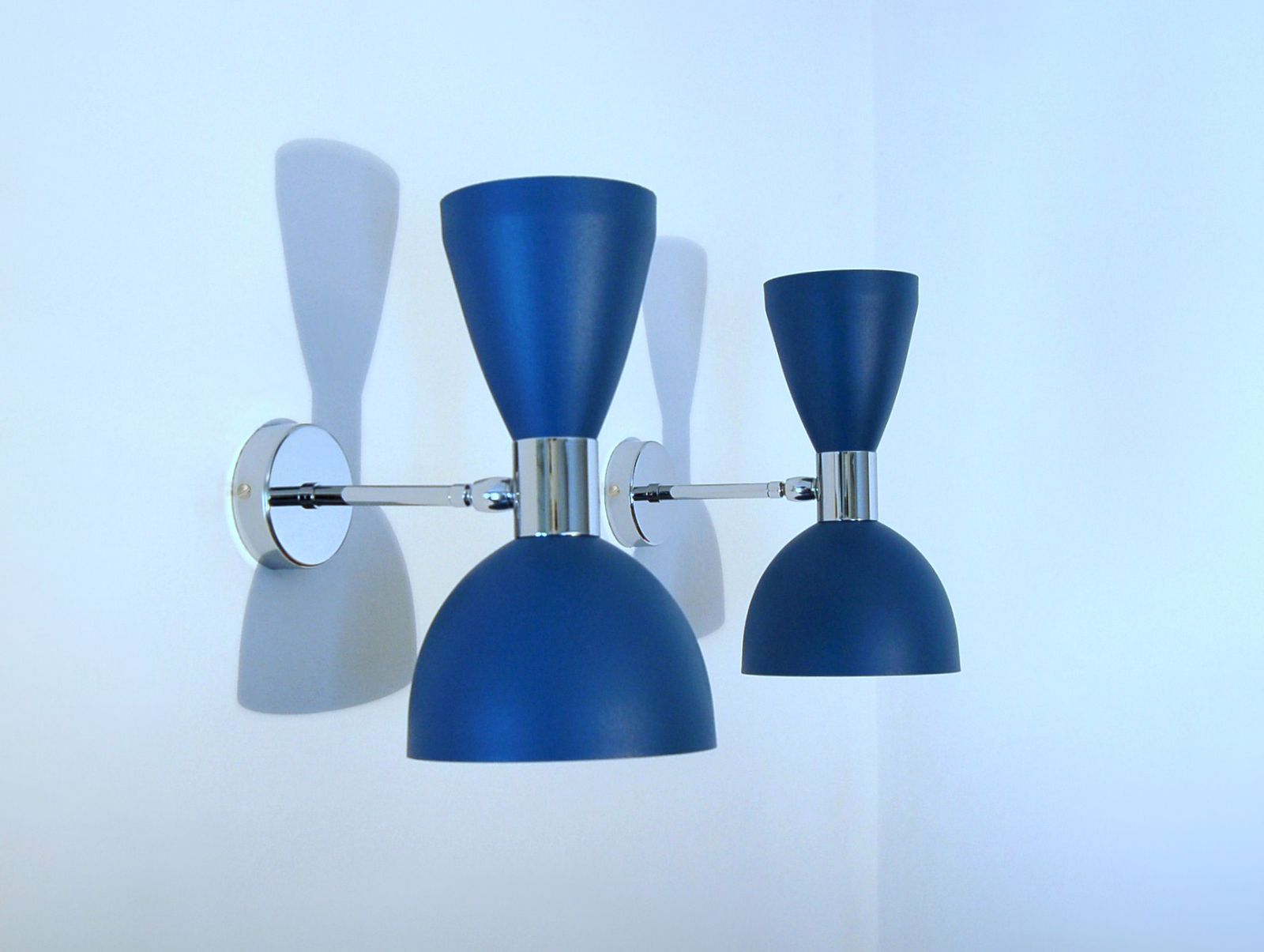 Pair Of Wall Lamp Art. A 124 Metal And Chromed Brass / Blue Opaque photo for sale