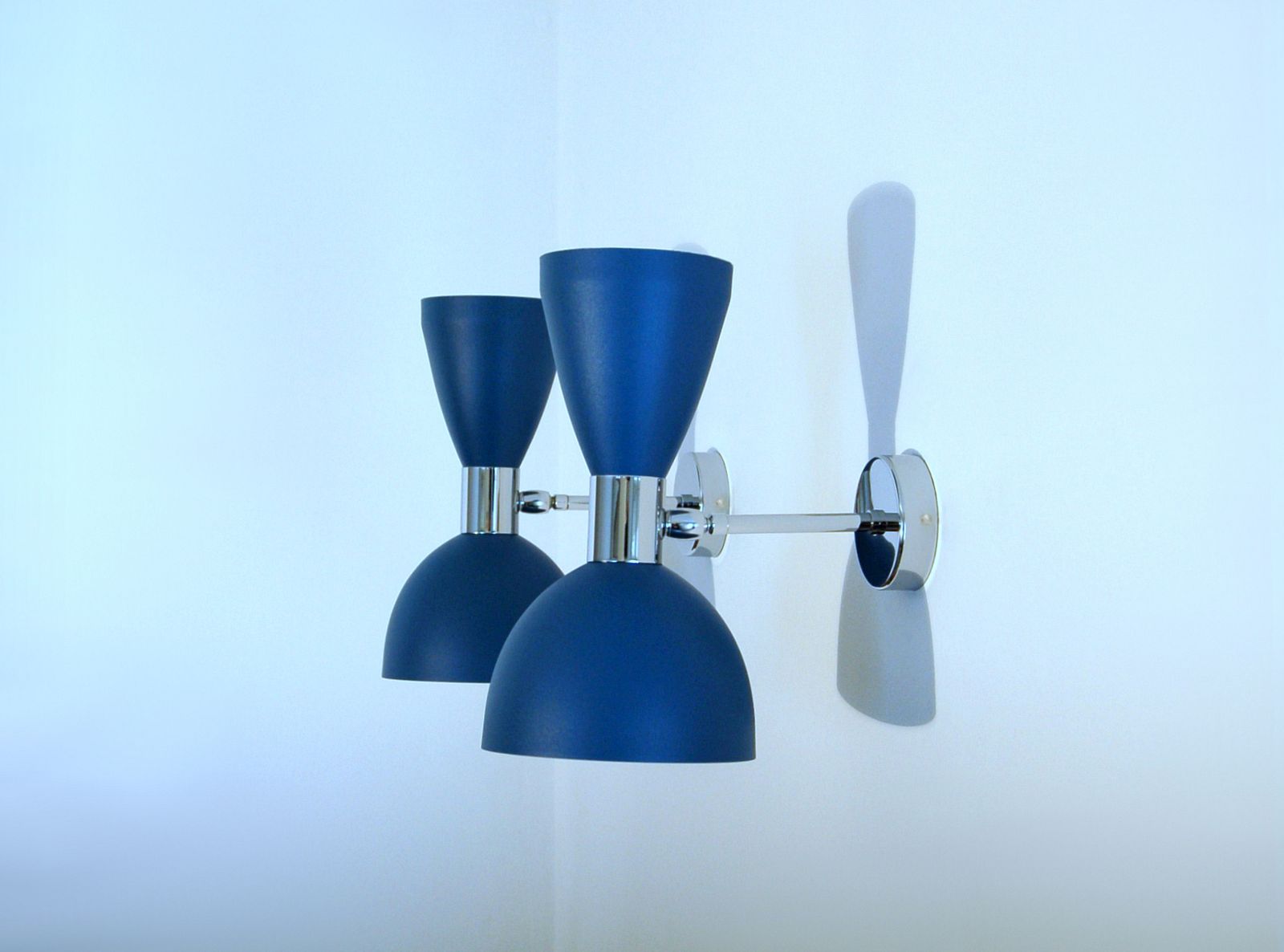 Pair Of Wall Lamp Art. A 124 Metal And Chromed Brass / Blue Opaque photo vinterior