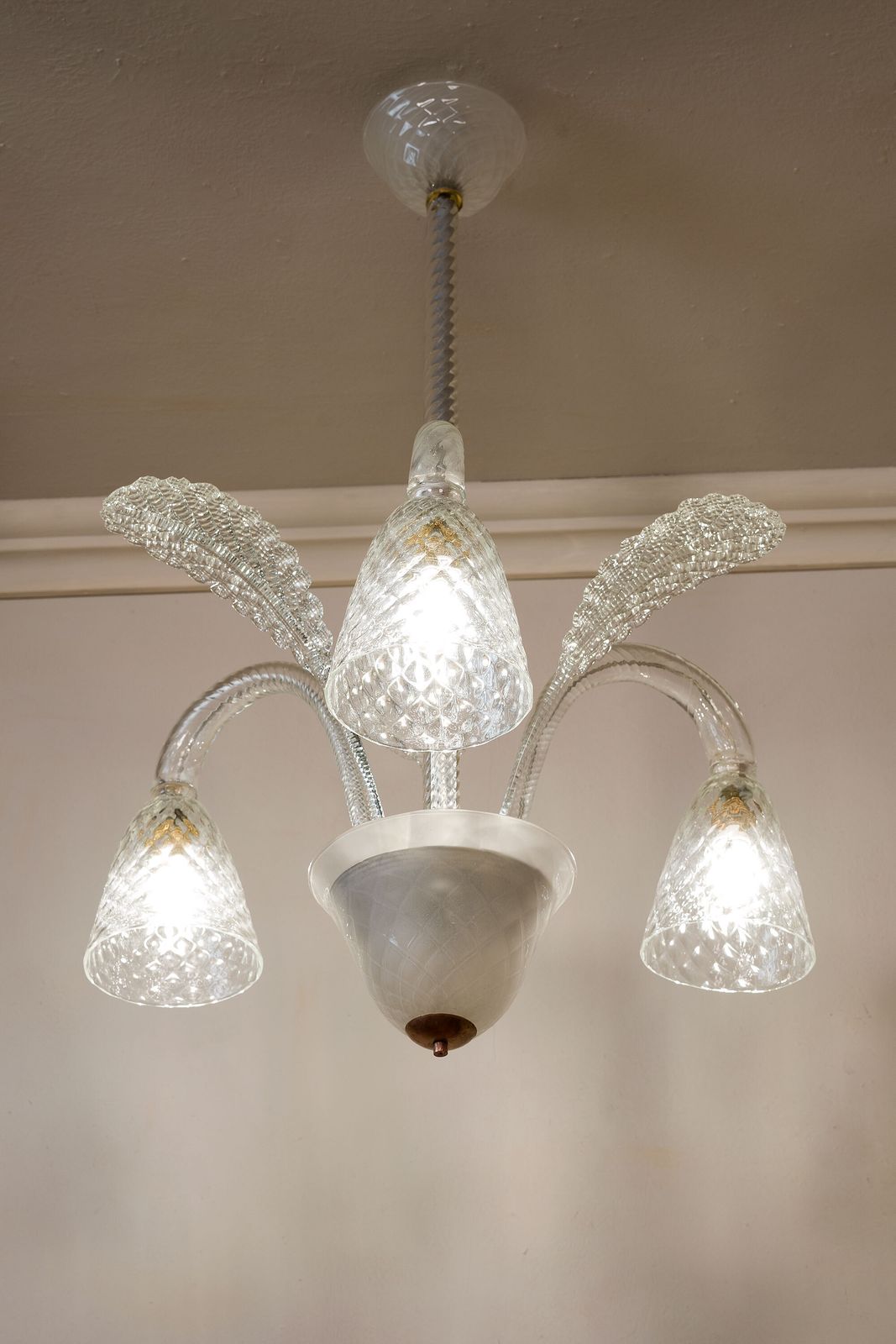 Three Light Art Deco Blown Glass Chandelier From Murano