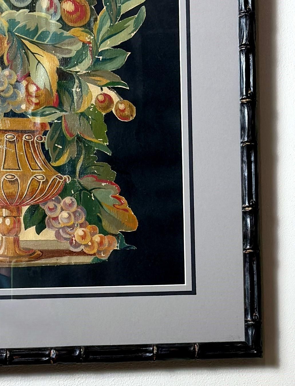 photo vintage Painting Cutout Oil On Canvas Framed With Faux Bamboo Wood  01