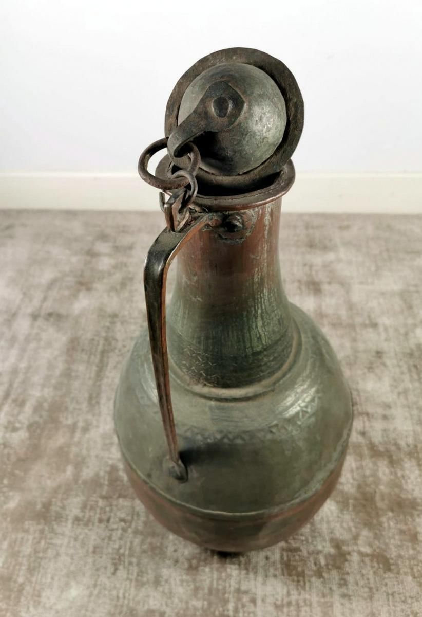 Antique Spanish Copper Jug With Lid All Hand Forged With A Beautiful Patina photo for sale