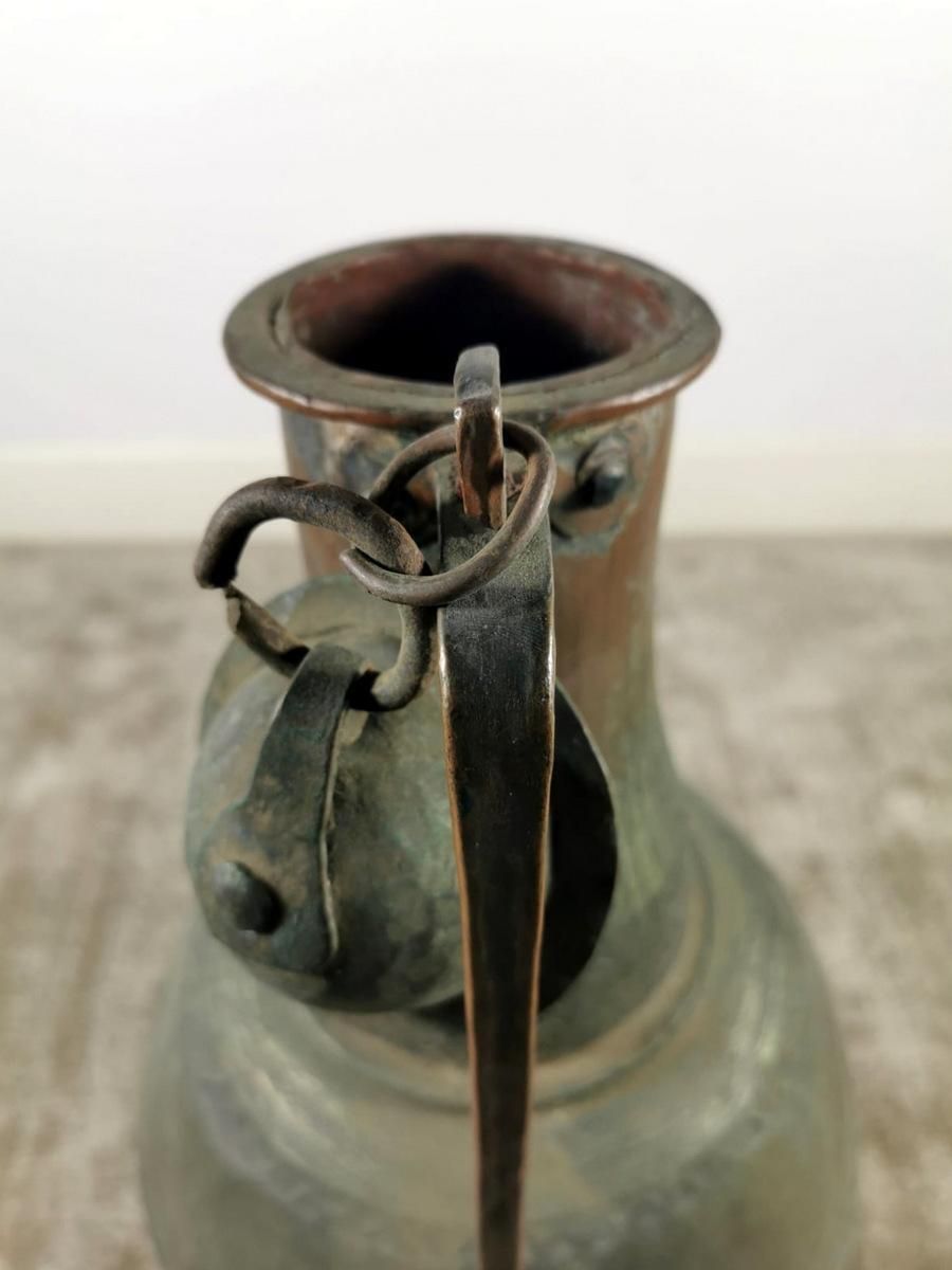 Antique Spanish Copper Jug With Lid All Hand Forged With A Beautiful Patina photo vintage
