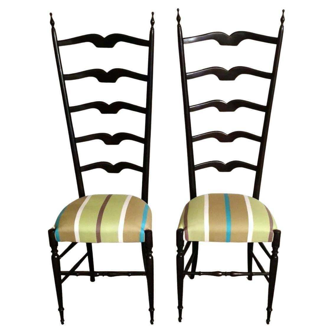 Paolo Buffa Style Pair Of Chiavari Chairs In Italian Wood With High Backrest