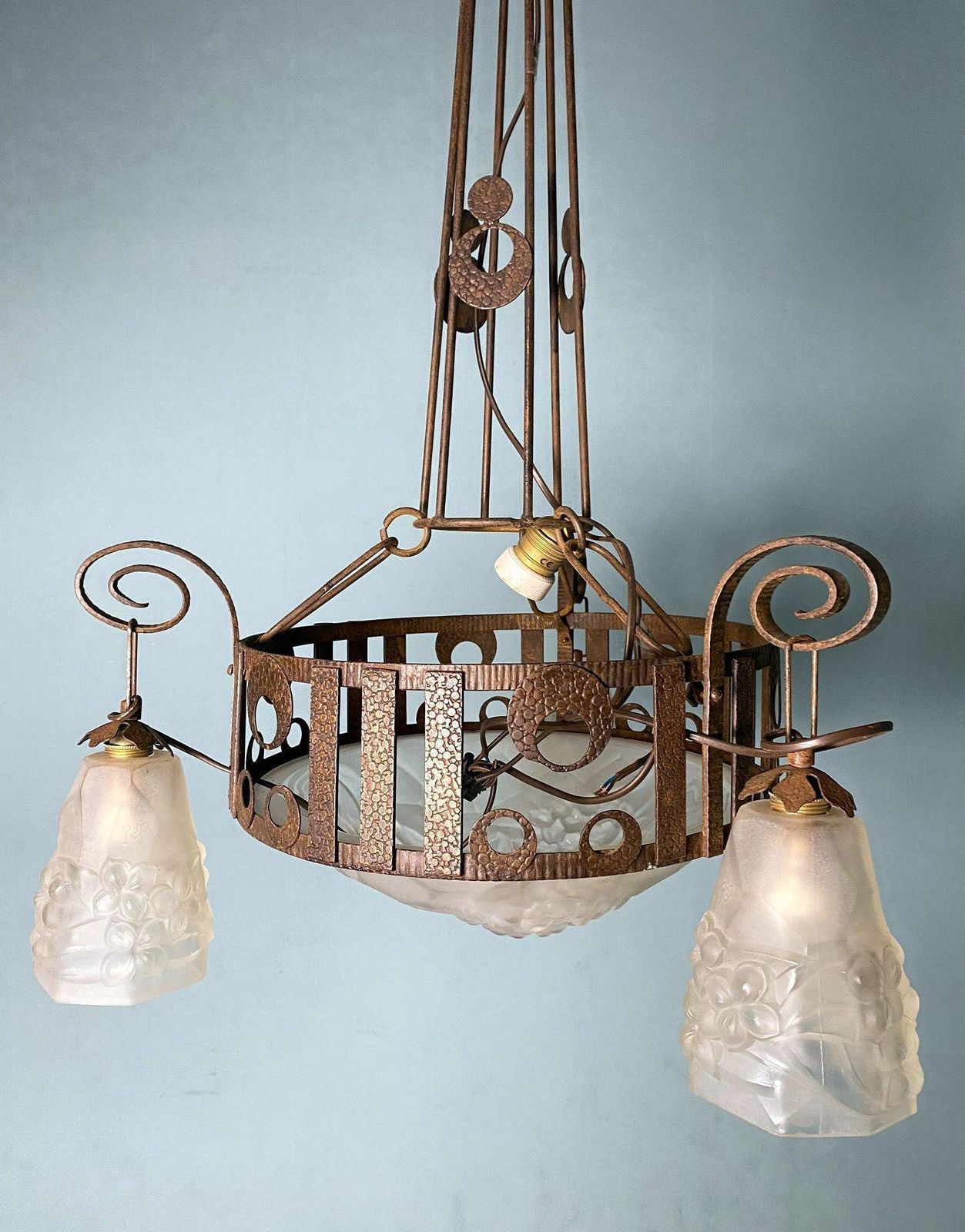 Art Nouveau French Wrought Iron And Opaline Glass Chandelier photo Lighting