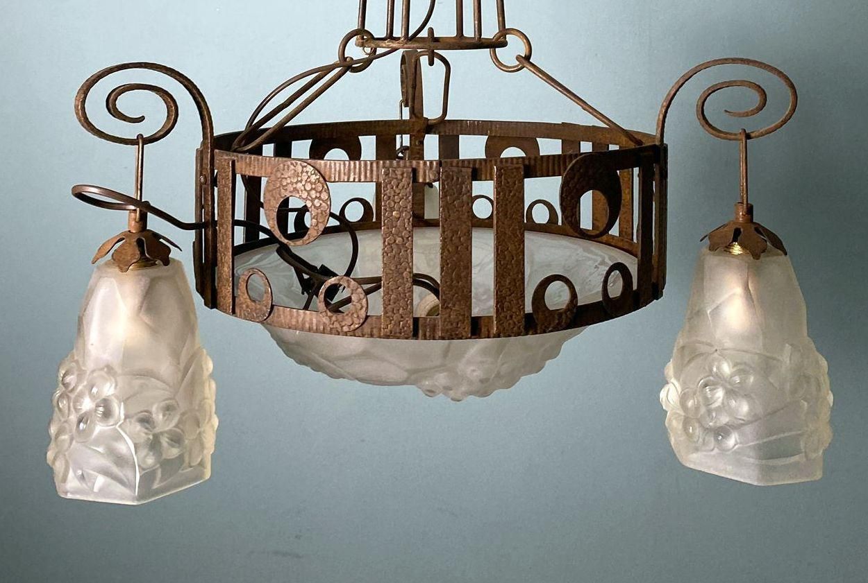 Art Nouveau French Wrought Iron And Opaline Glass Chandelier photo buy