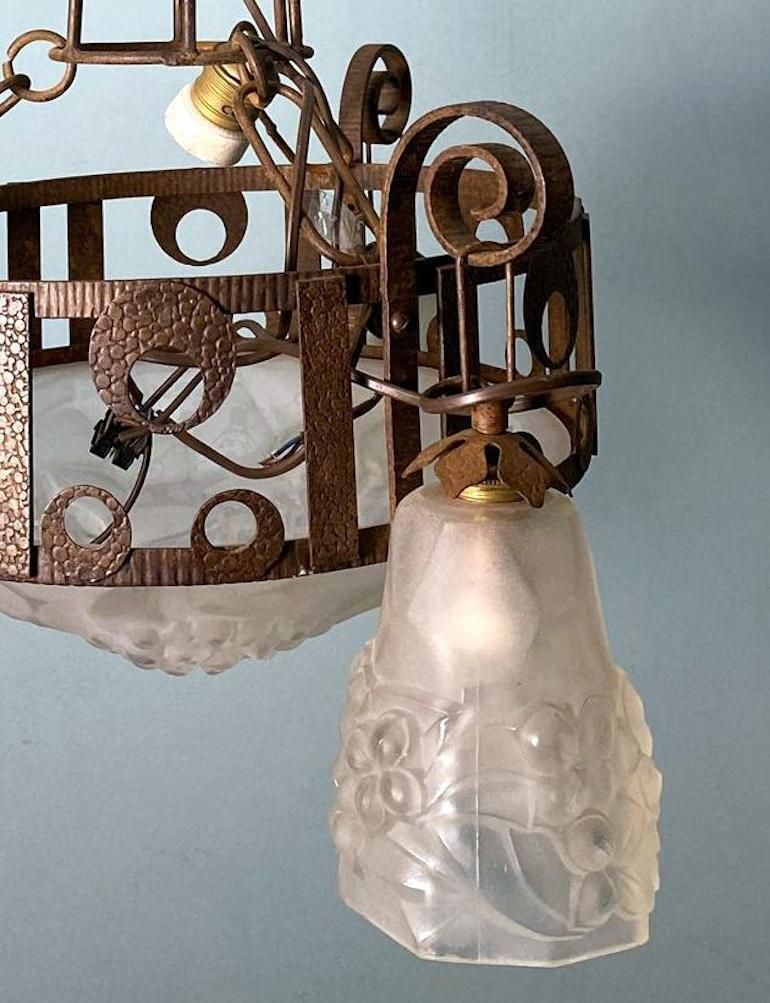 Art Nouveau French Wrought Iron And Opaline Glass Chandelier photo vintage