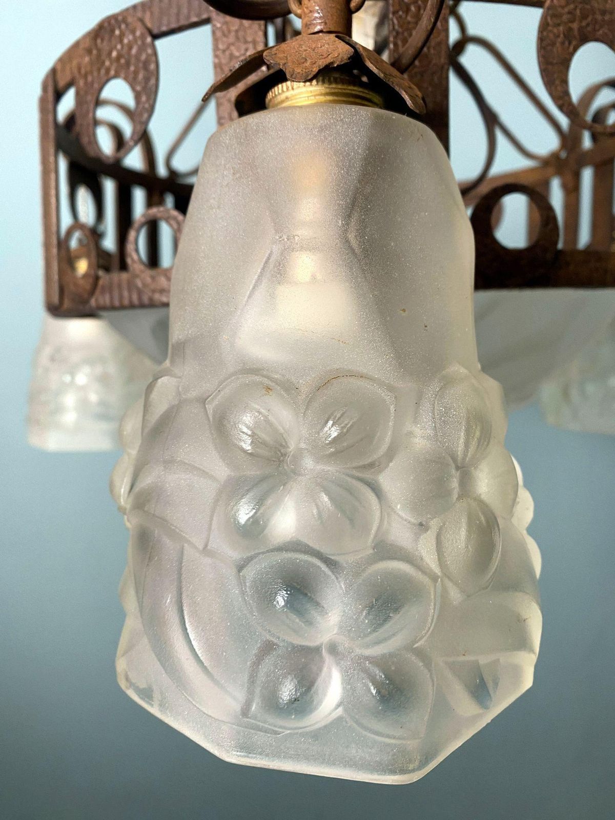 photo for sale Art Nouveau French Wrought Iron And Opaline Glass Chandelier