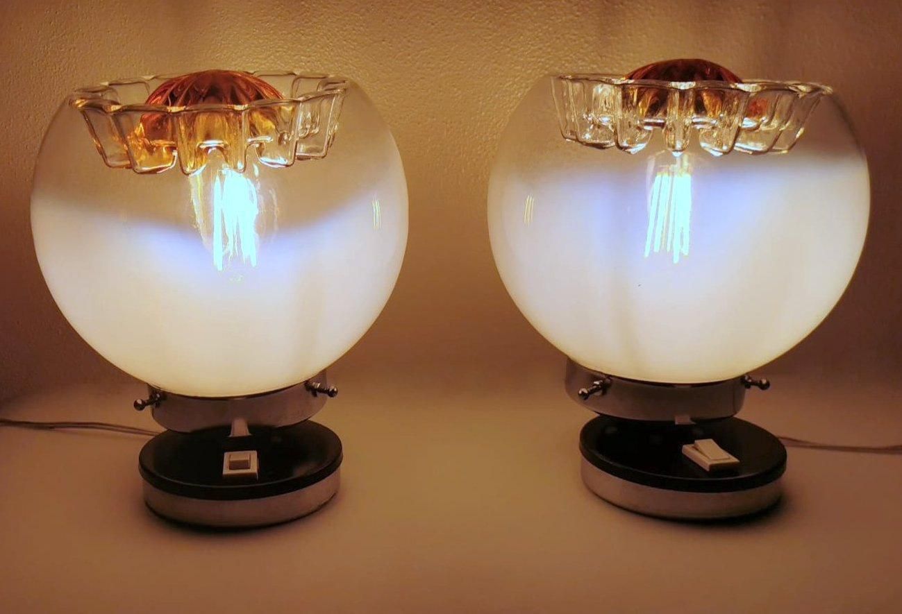 Mazzega Attibuted Pair Of Nickel Plated Metal And Murano Milk Glass Table Lamps photo 576.0