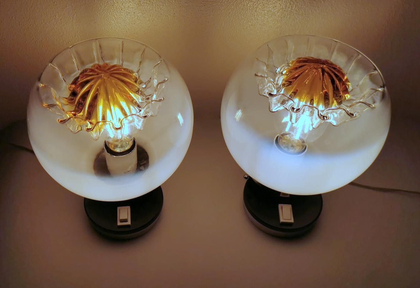 Mazzega Attibuted Pair Of Nickel Plated Metal And Murano Milk Glass Table Lamps photo vinterior