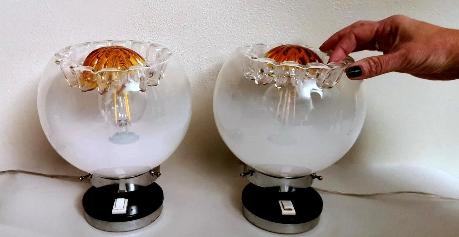 photo buy Mazzega Attibuted Pair Of Nickel Plated Metal And Murano Milk Glass Table Lamps