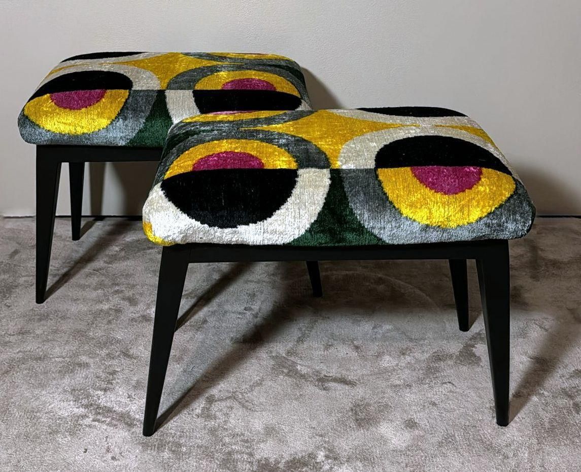 Mid Century Pair Of Italian Wood And Silk Velvet Ikat Benches photo buy