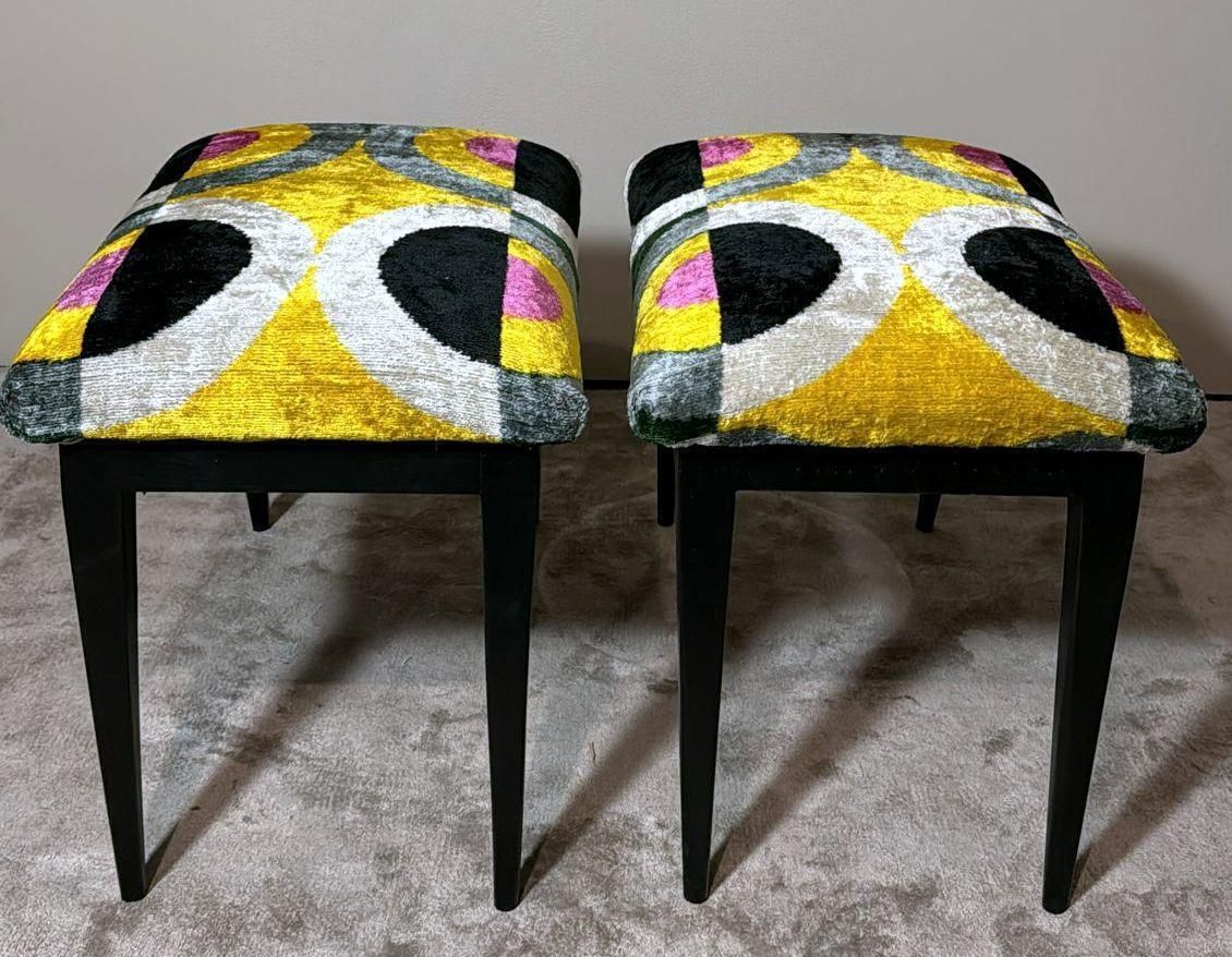 Mid Century Pair Of Italian Wood And Silk Velvet Ikat Benches photo vintage