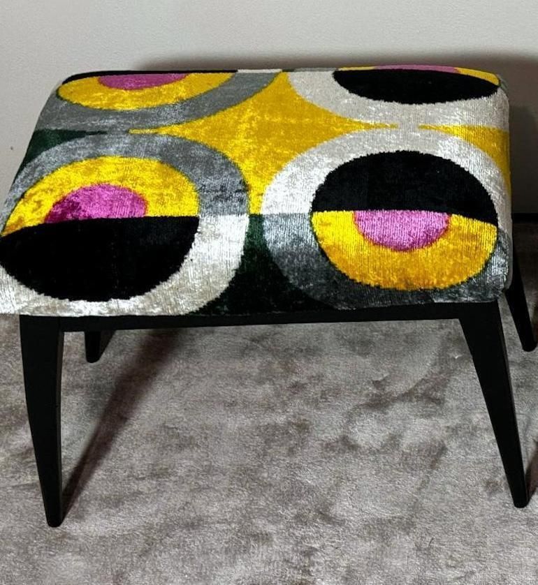 photo for sale Mid Century Pair Of Italian Wood And Silk Velvet Ikat Benches