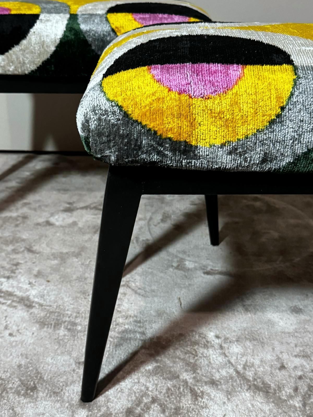 1014.0 Mid Century Pair Of Italian Wood And Silk Velvet Ikat Benches photo