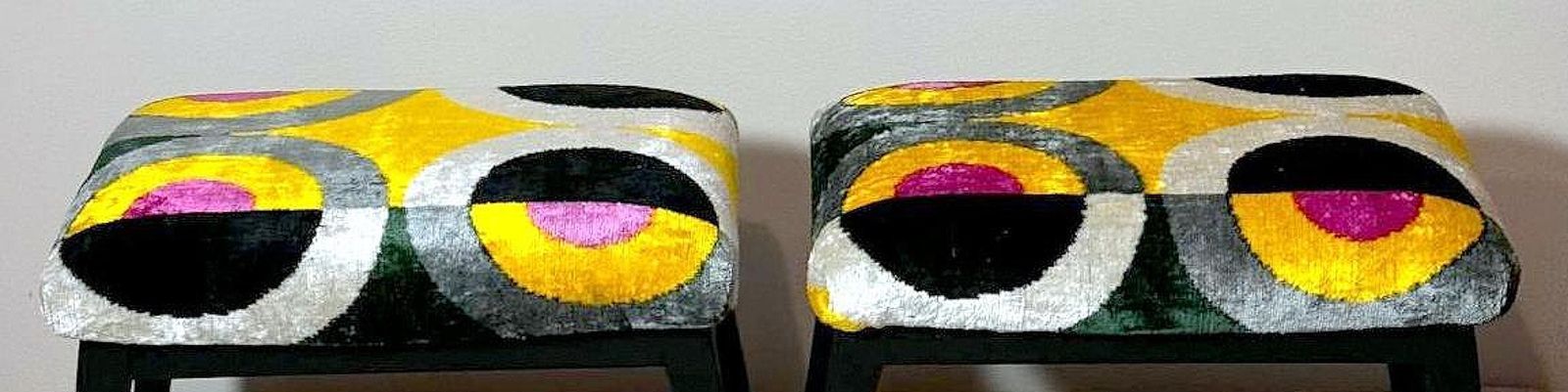 photo buy Mid Century Pair Of Italian Wood And Silk Velvet Ikat Benches