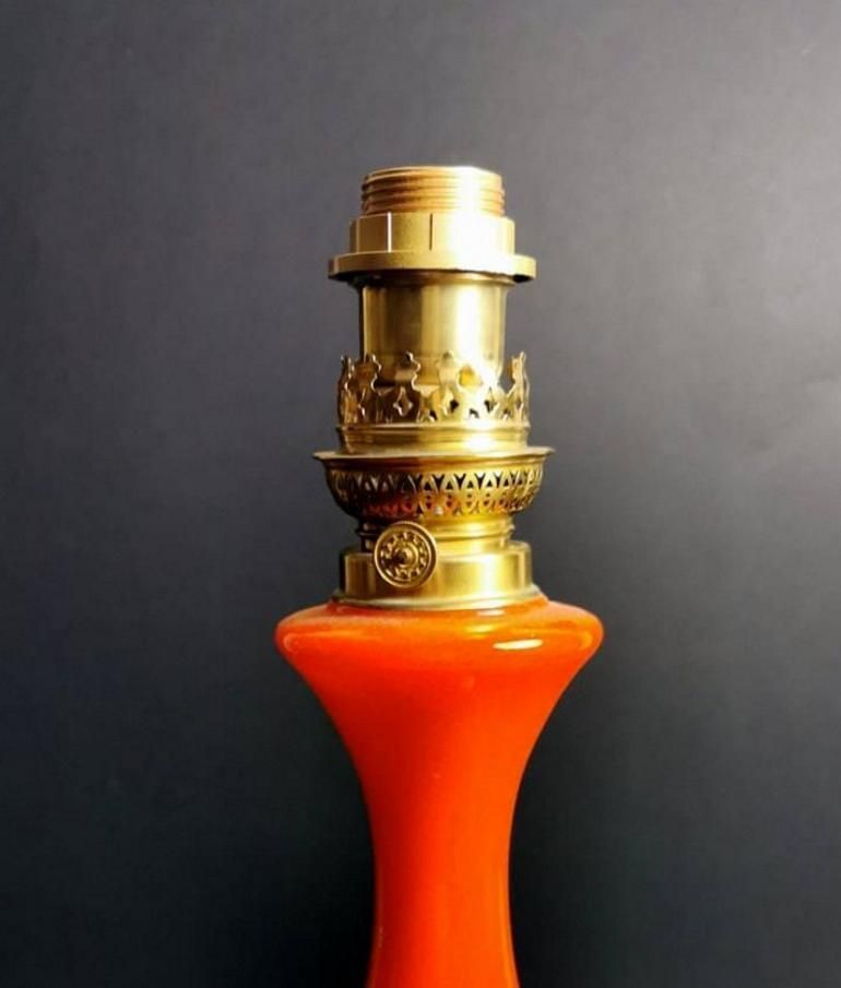 Napoleon III Style French Opaline Orange Glass Lamp Golden Brass Base photo Lighting