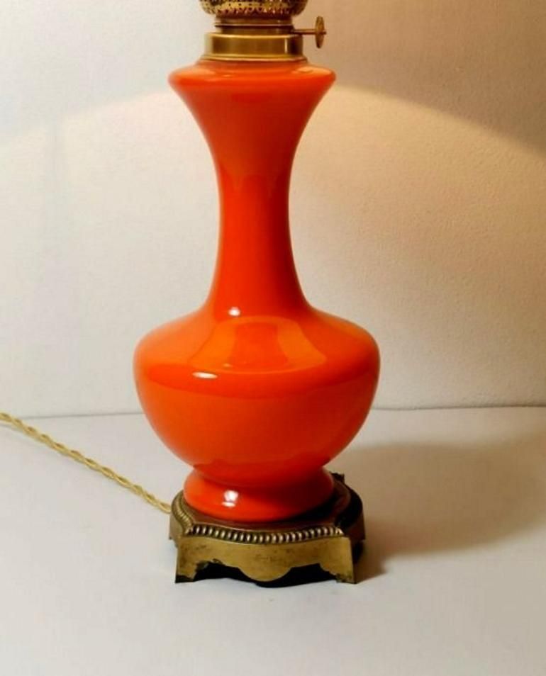 Napoleon III Style French Opaline Orange Glass Lamp Golden Brass Base photo vinterior