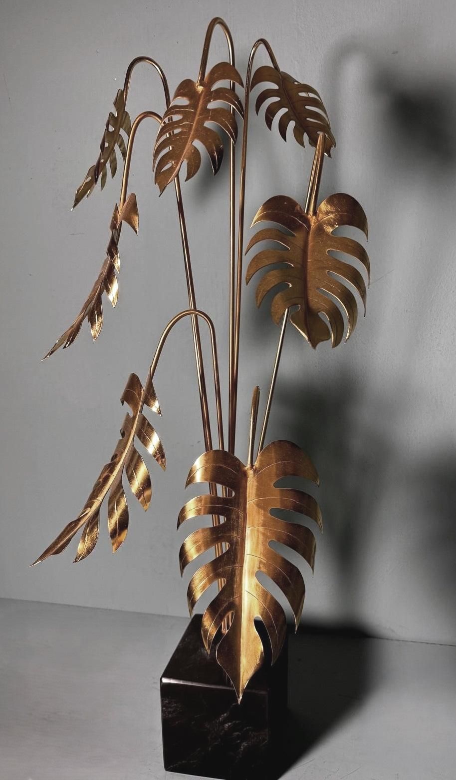 Italian Brass Plant Sculpture Mounted On Black Marquinia Marble photo for sale