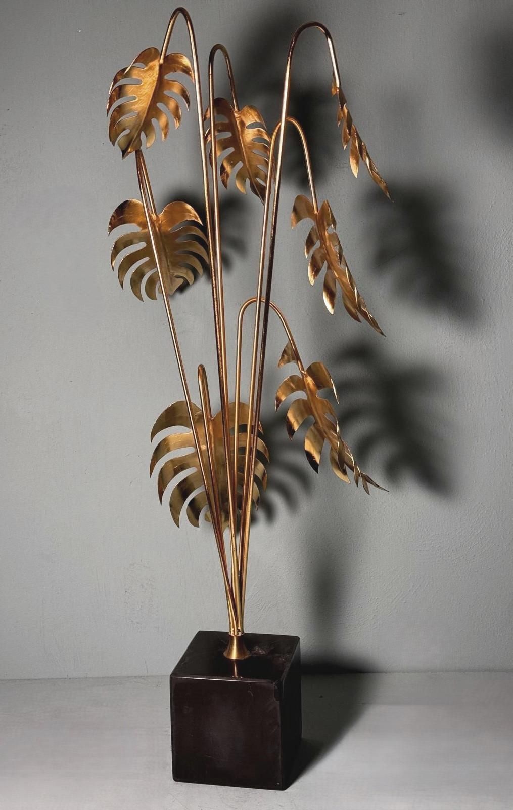 Italian Brass Plant Sculpture Mounted On Black Marquinia Marble photo 802.0